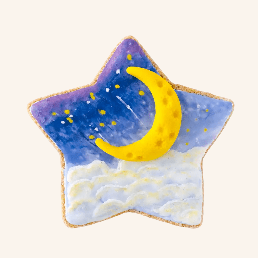 Celestial Dream Star Cookie with watercolor night sky, golden moon and clouds for dogs